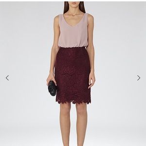 Reiss Nude/Claret rose lace double layer dress XS